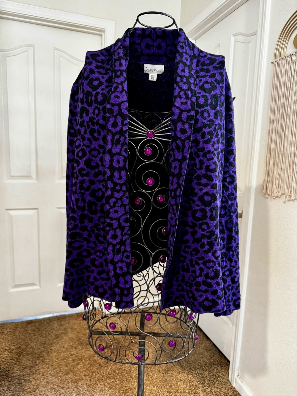 Jaclyn Smith Purple and Black Leopard Open-Front Cardigan